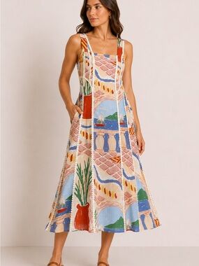 Scenic Print Square-Neck Midi Dress in Multi